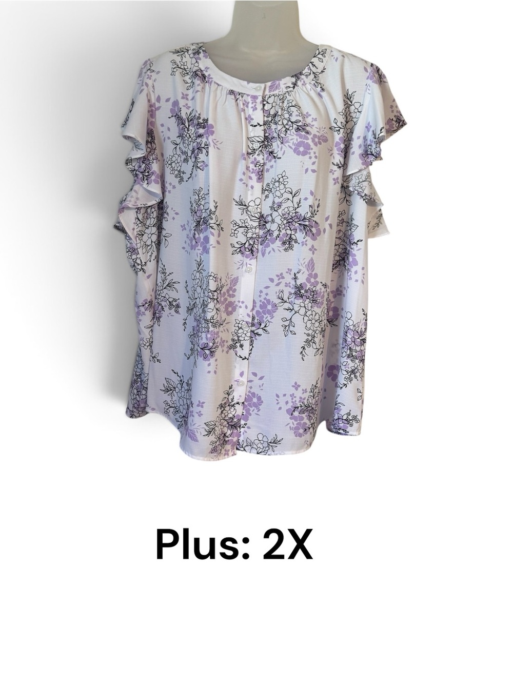 Investments Lavender Floral Ruffle Sleeve Blouse